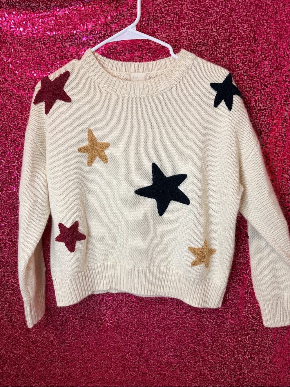 Altar'd State Cream Crewneck Sweater with Black, Burgundy & Camel Stars